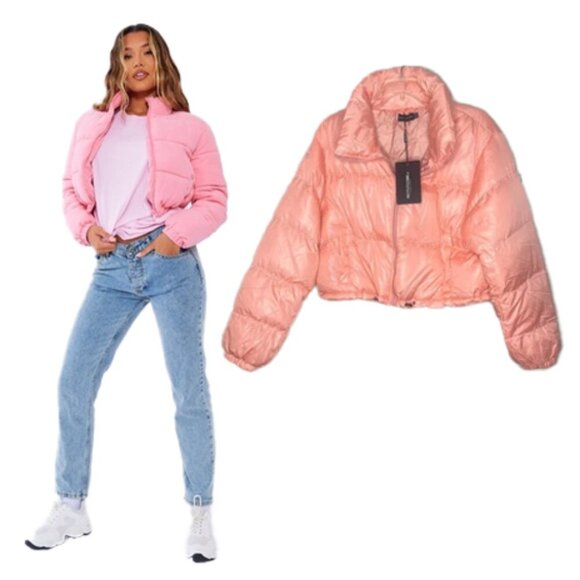 🆕 PRETTYLITTLETHING peach cropped puffer bubble jacket size 10 NWT - Picture 1 of 11